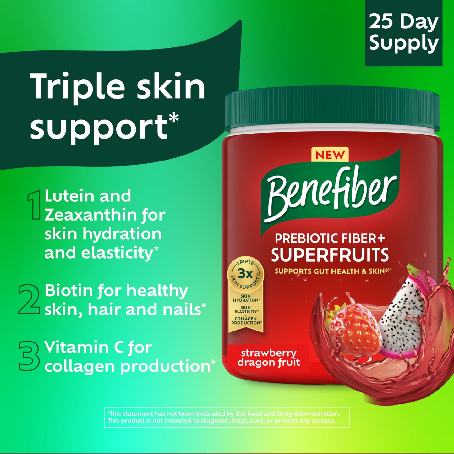 Benefiber Prebiotic Fiber + Superfruits Dietary Supplement, Strawberry Dragon Fruit Flavor, 8.8 oz (250g), 25 Day Supply