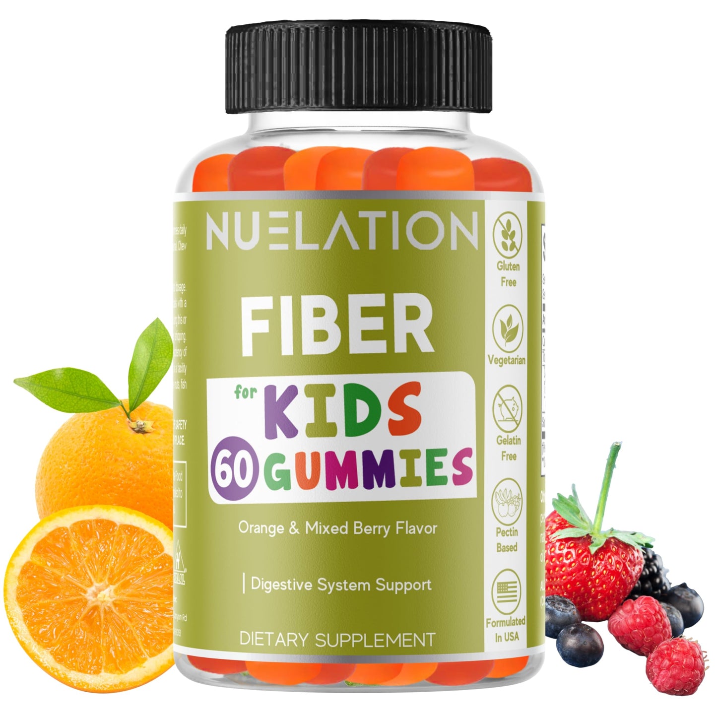 NUELATION Fiber Gummies for Kids - 60 Count - Vegetarian, Gluten Free, Gelatin Free, Fiber Supplement for Kids - Prebiotic Fiber for Kids to Support Digestion, Bowel Movement & Immune Health