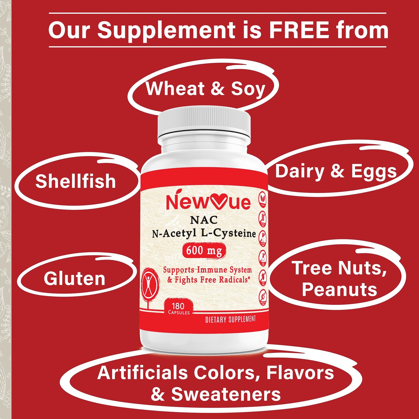 NewVue N-Acetyl L-Cysteine (NAC) 600mg, 180 Capsules - Non-GMO, Gluten Free