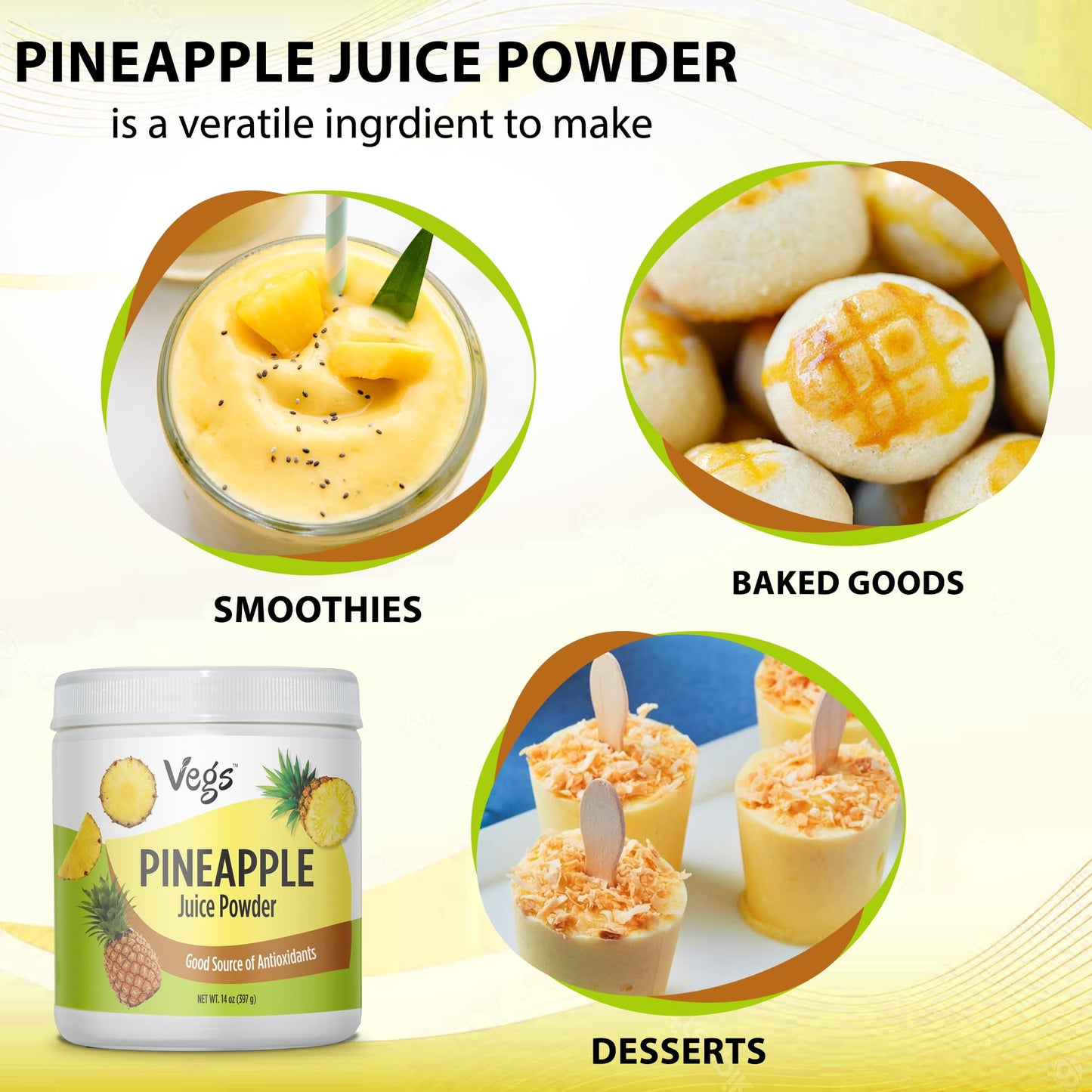 Vegs Pineapple Juice Powder Freeze Dried Organic Pineapple Powder with Bromelain Antioxidants Sugar free Pineapple Juice Concentrate Fruit Powder for Smoothies Shakes Baking Drinks 14 Oz