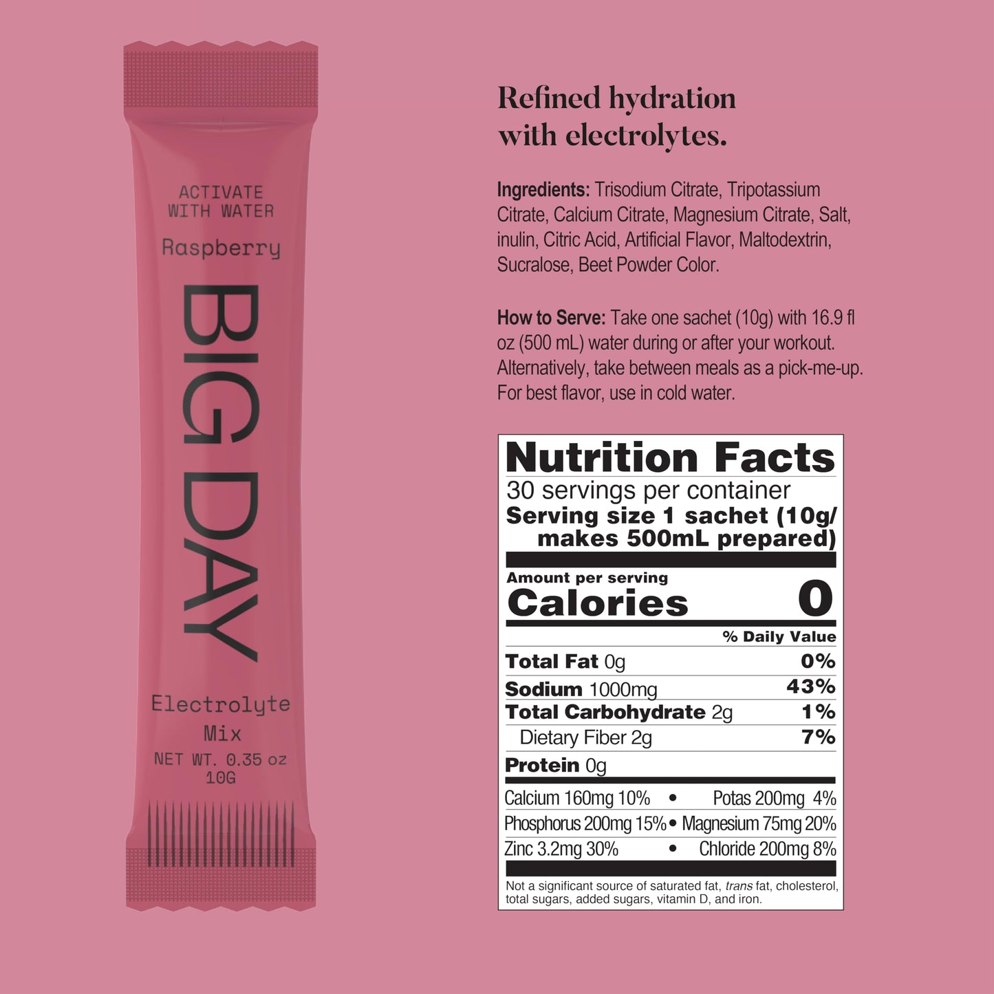 Big Day-Hydration Sachets |Sugar-Free Electrolytes Powder for Peak Performance |30-pack of 10g sachets |Science-Backed Recovery Drink-Raspberry Flavor
