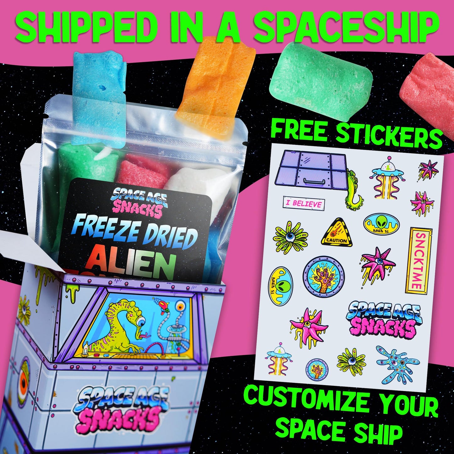 Premium Freeze Dried Alien Tongues Candy Crunchy Freeze Dried Candy Shipped in Box for Extra Protection Freeze Dry Candy Dry Freeze Candy for All Ages 4 Ounce
