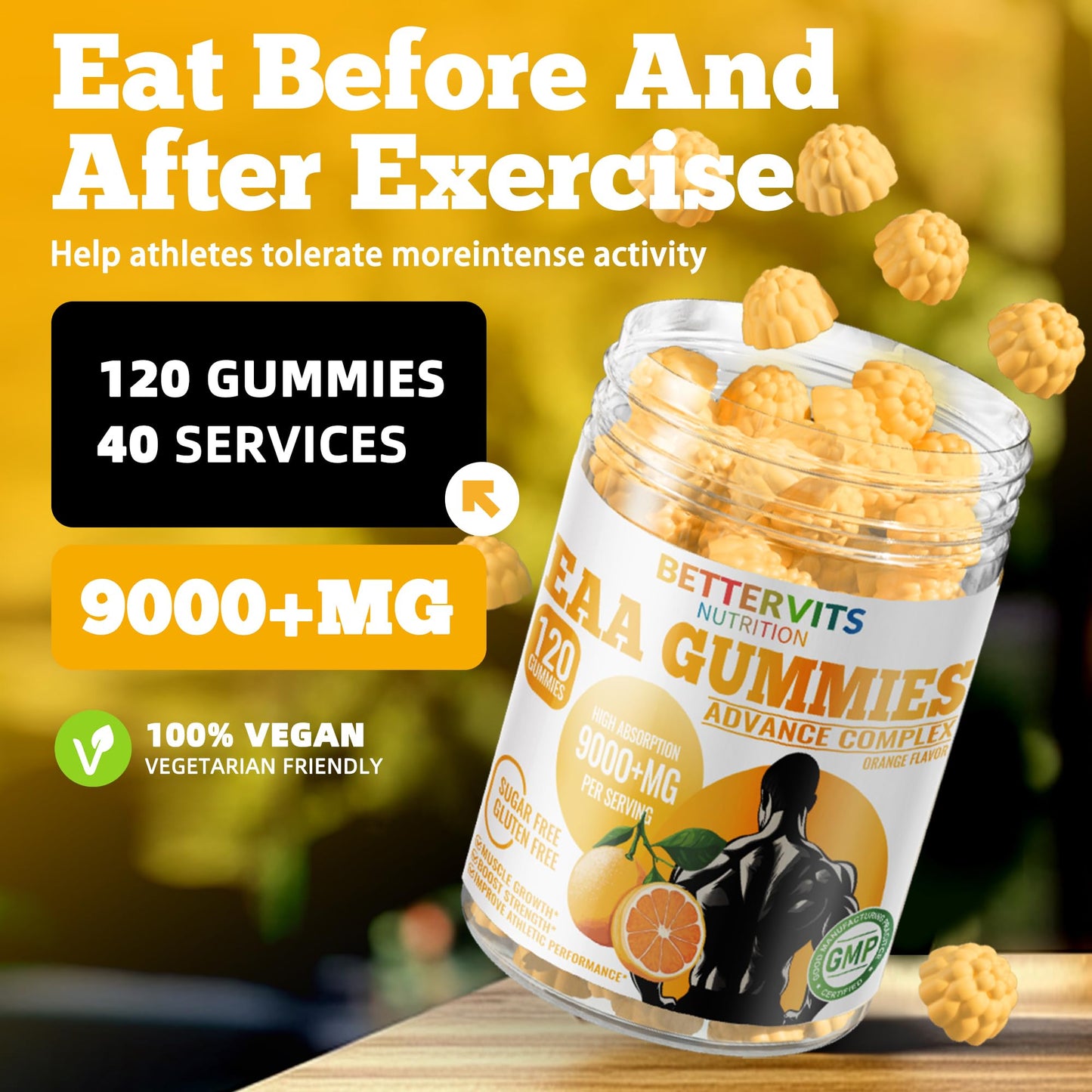 Bettervits Nutrition EAA Gummies 120 Gummies (Orange), 9000 mg Essential Amino Acids - All 9 Essential Aminos (EAA) and All Branched-Chain Aminos (BCAAs), Non-GMO, Gluten Free, Vegetarian Friendly
