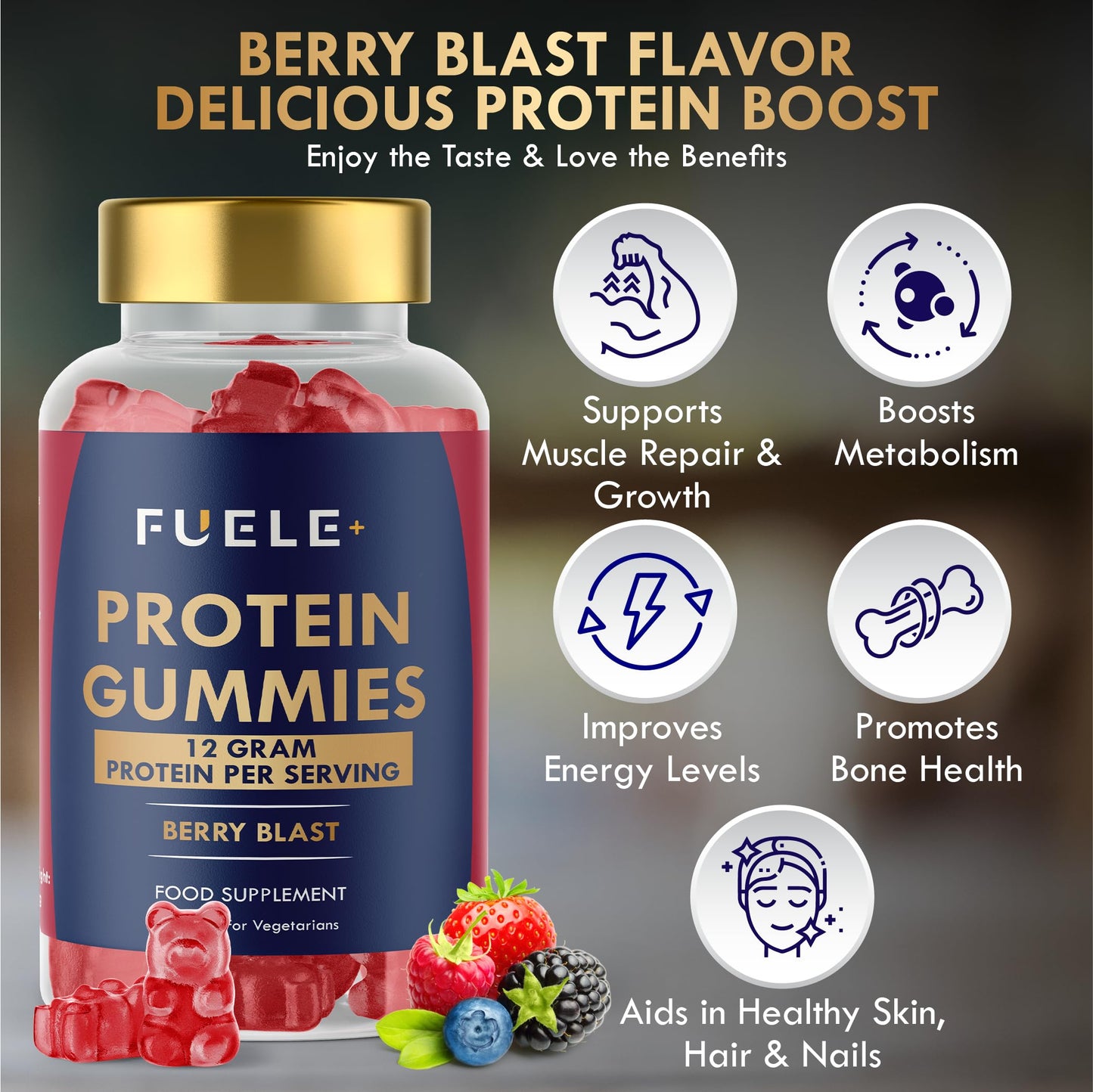 FUELE+ Whey Protein Gummies - Mixed Berry Flavour, 12g High Protein per Serving - Protein Powder Alternative, No Added Sugar, Vegetarian, Convenient Whey Protein Supplement, Muscle Recovery