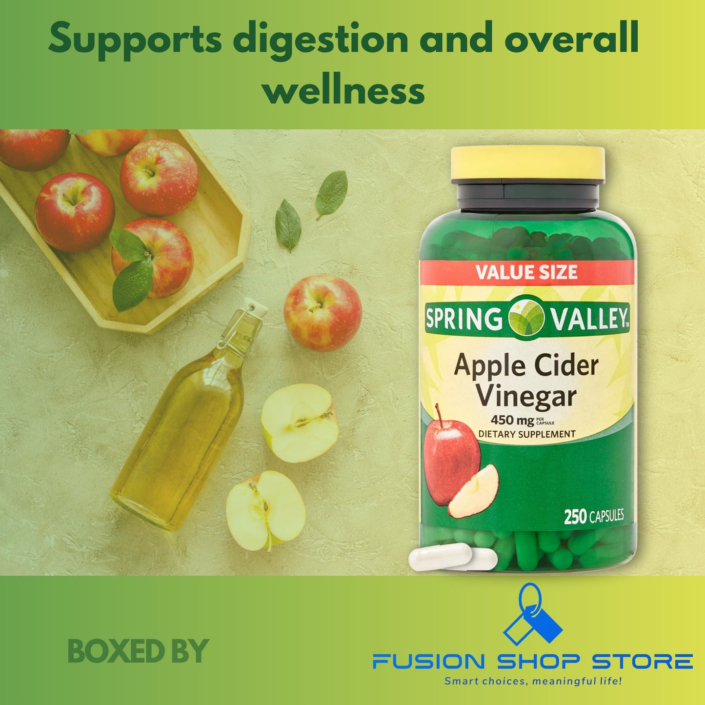 Spring Valley Apple Cider Vinegar Capsuless- 450 mg 250 Ct Improves Digestion Energy and Immunity (Pack of 1), Boxed by Fusion Shop Store