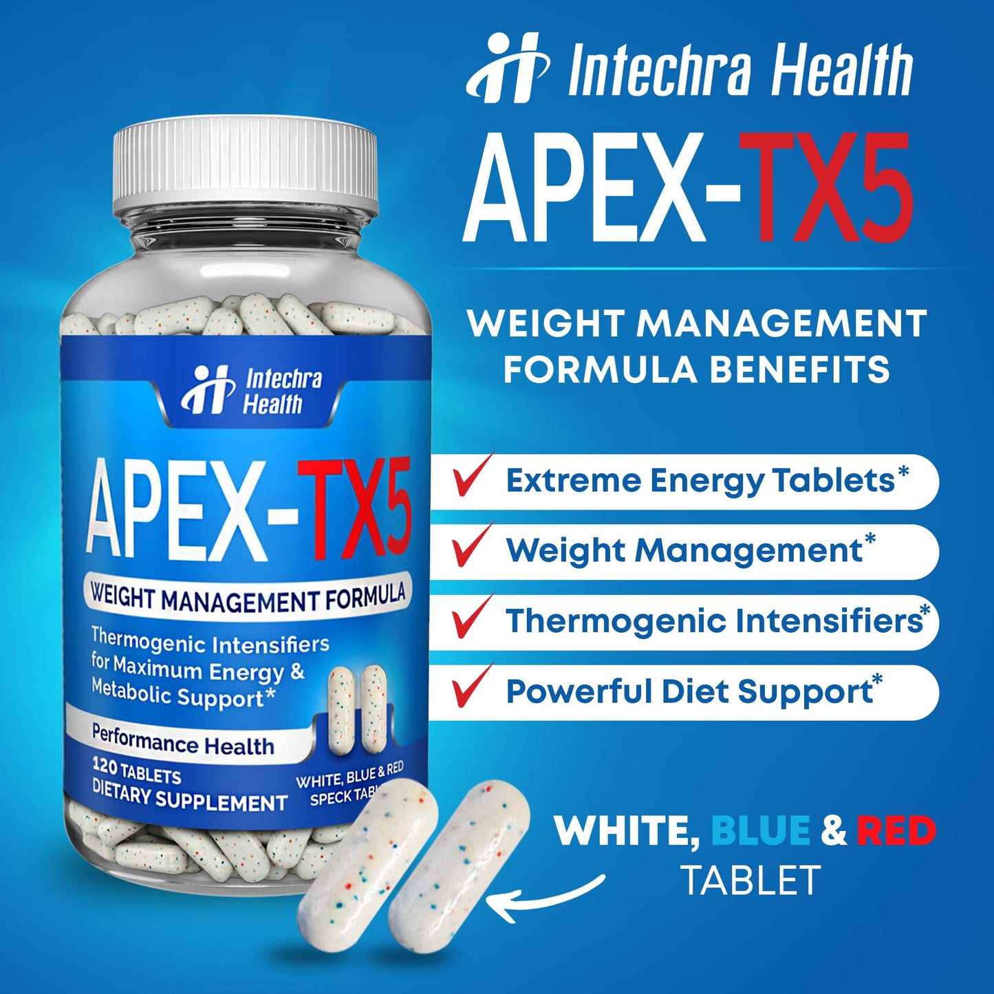 APEX-TX5 Weight Management Dietary Supplement 120 White Blue Red Speck Tablets Manufactured in the USA Highest Professional Quality