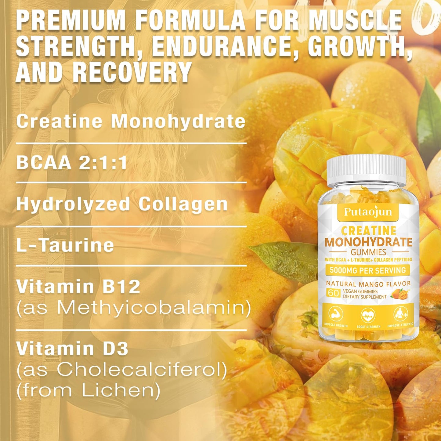 Creatine Monohydrate with Vitamins D3 & B12 | Sugar-free Hydrolyzed Collagen & Creatine gummies | Formulated to enhance Muscle Strength | Workout supplement suitable for men & women | 60 count