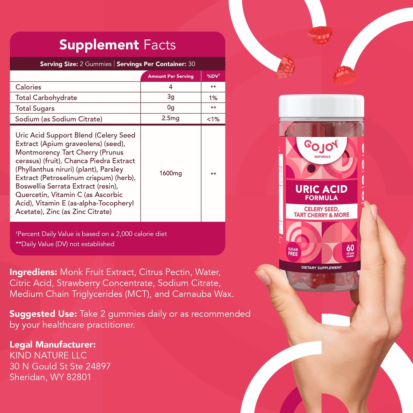 GOJOY NATURALS Uric Acid Support Formula for Adults - Tart Cherry Gummies with Celery Seed Extract - for Men and Women's Joints Kidneys and More - Soy & Sugar Free