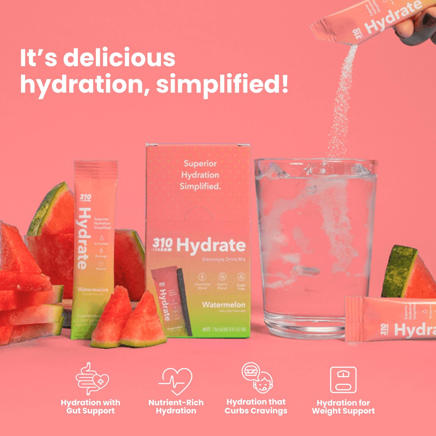 310 Hydrate Watermelon Electrolytes Powder Packets - No Sugar Hydration Packets with Key Vitamins & Minerals - Keto Friendly - Tasty Sugar Free Electrolyte Drink - 30 Single Servings