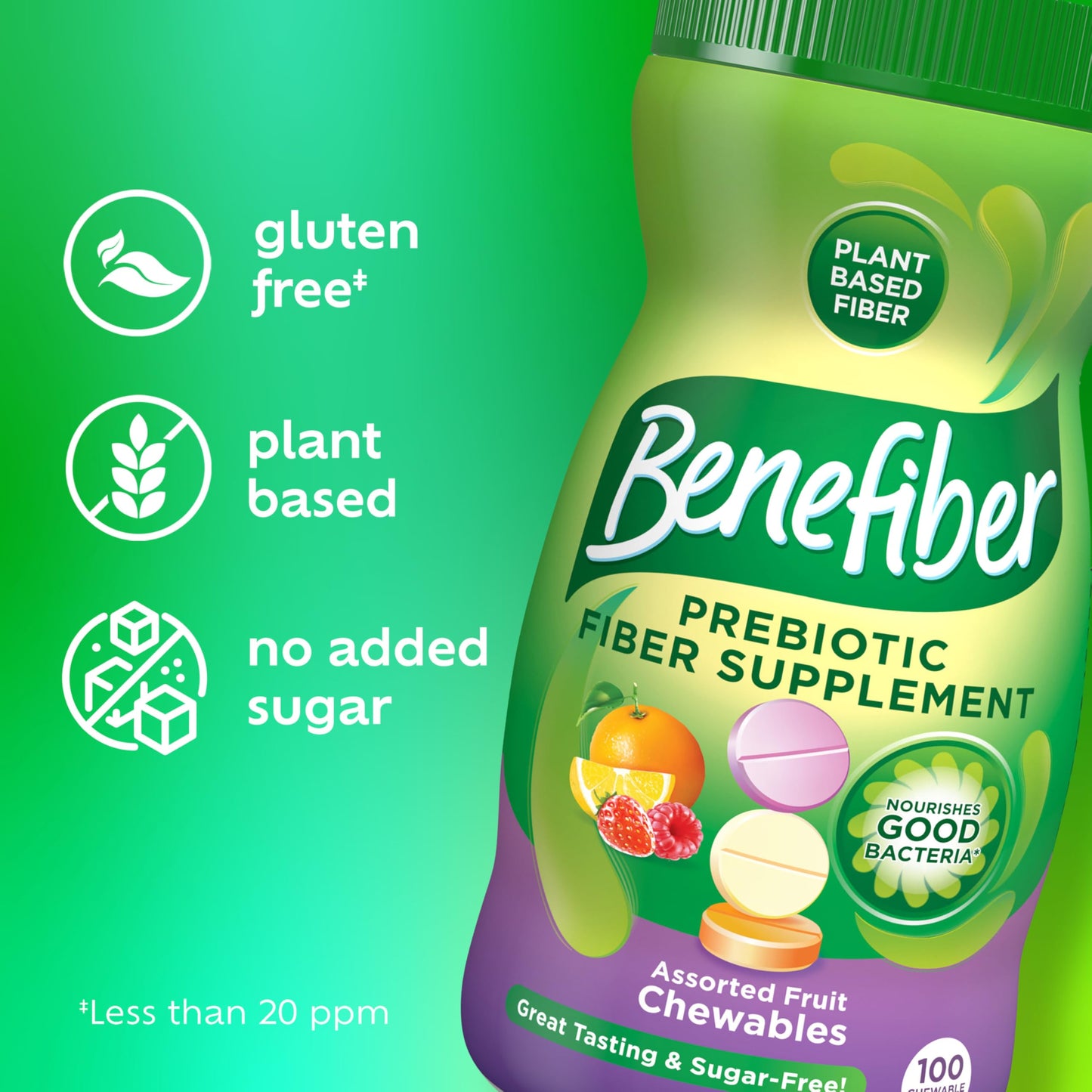 Benefiber Chewable Prebiotic Fiber Supplement Tablets for Digestive Health, Assorted Fruit Flavors - 100 Count