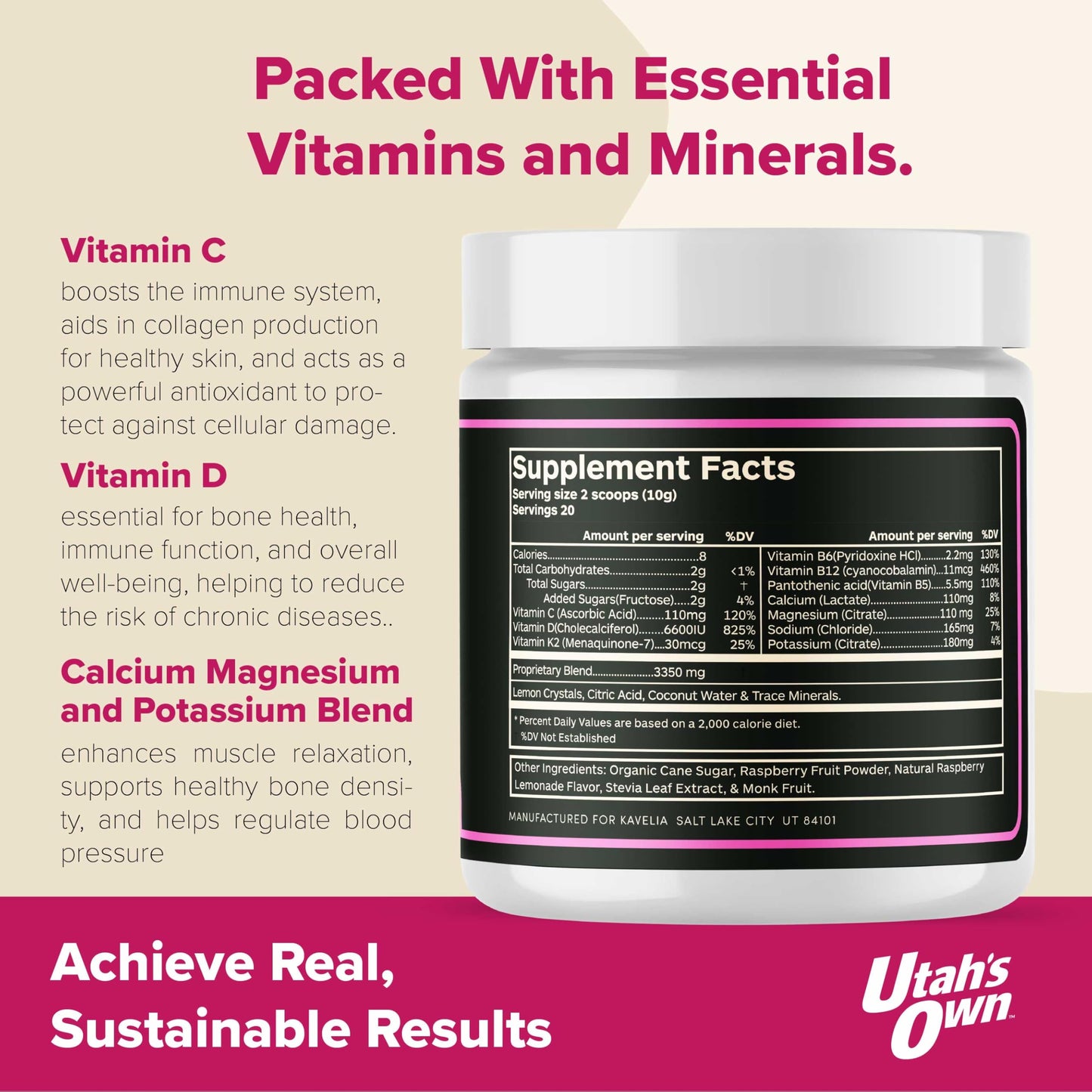 Kavelia Ultra Premium Electrolyte Powder Keto Diet - Essential Minerals, Including Calcium, Magnesium, and Potassium, with Vitamins C, D3, and K2 (Regular, Rasberry Lemonade)