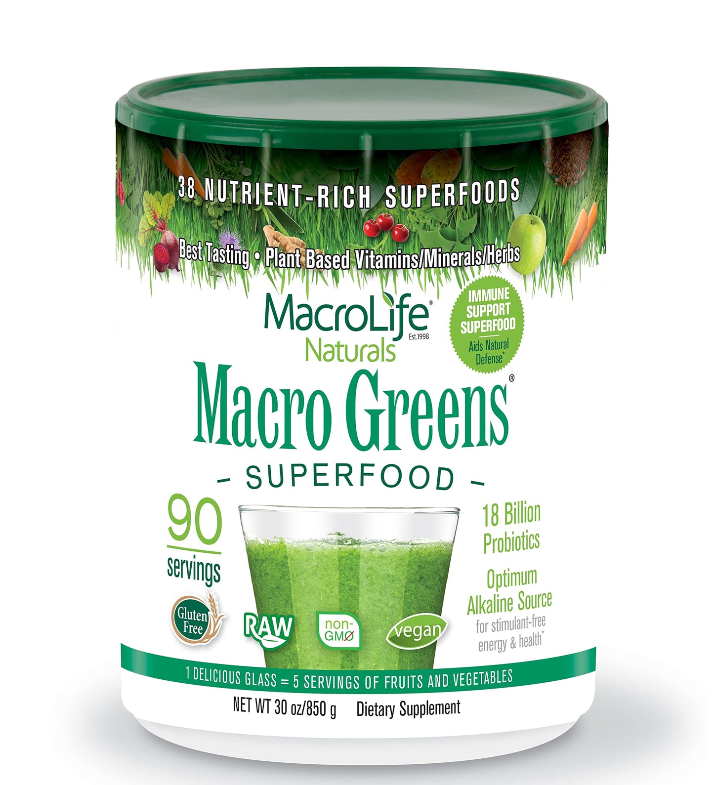 MacroLife Naturals Macro Greens Powder 38 Superfood Probiotic Antioxidant Enzyme & Herbal Supplement Immunity Energy Cleanse - Non-GMO Vegan Gluten-Free Dairy-Free - 30oz (90 Servings)
