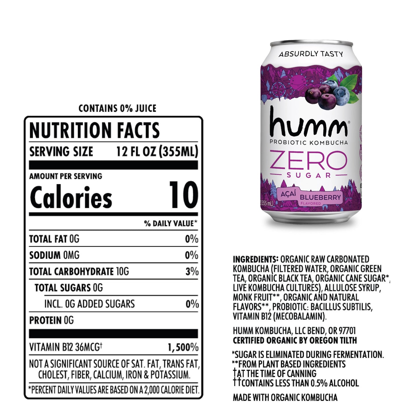 Humm Probiotic Kombucha Zero Sugar Blueberry Acai No Refrigeration Needed KetoFriendly Organic Vegan GlutenFree 12oz Cans 8 Pack
