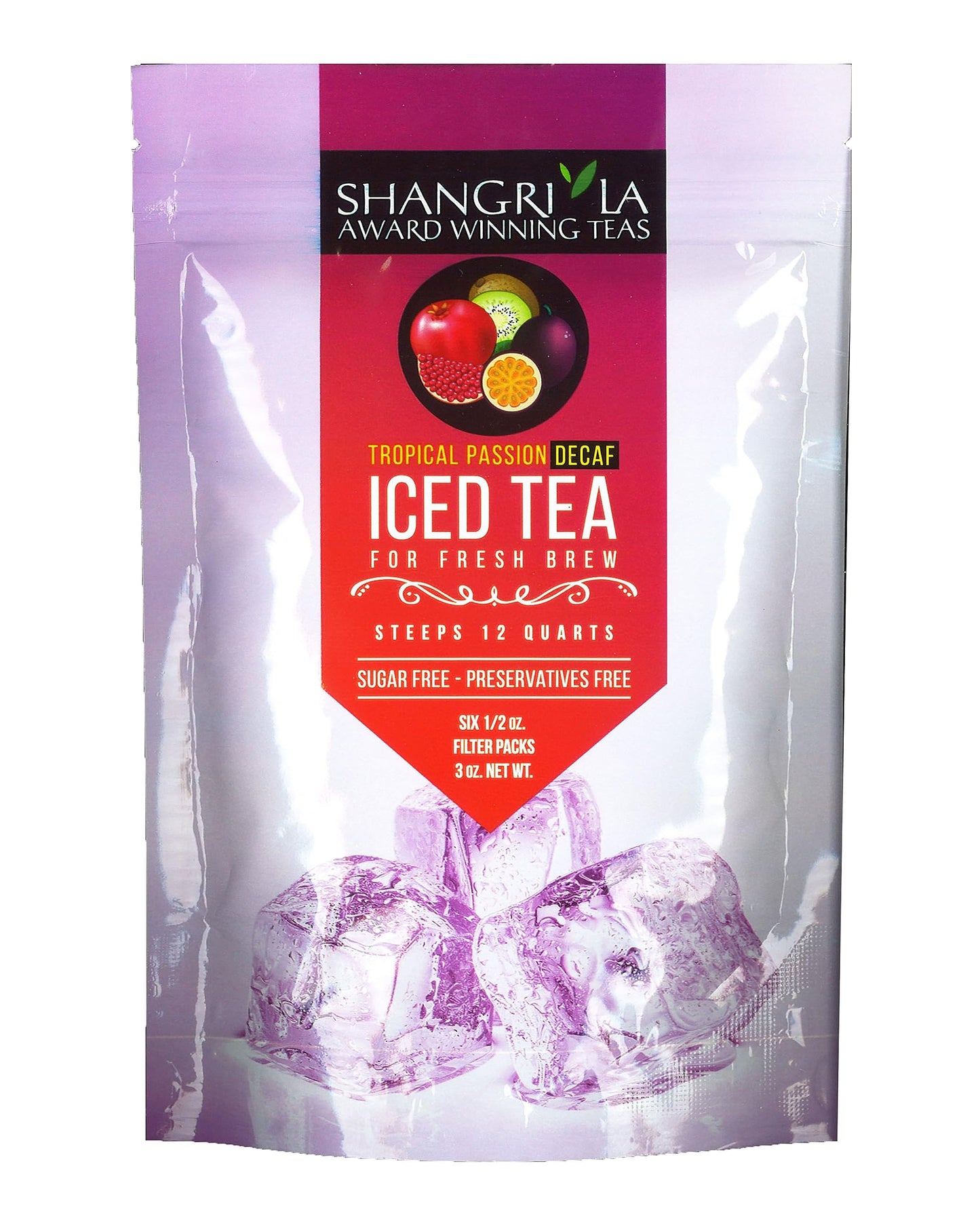 ShangriLa Tea Company Iced Tea Bags Tropical Passion Decaf Unsweetened and All Natural Brews 2 Quarts Per Tea Bag 6 Count 5057