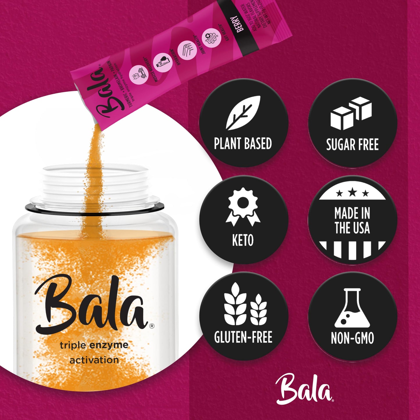 BALA Enzyme Hydration & Sugar-Free Electrolyte Drink Mix Powder - Turmeric, Bromelain, Papain - Recovery, Immunity, Mobility - Berry 0.25oz (8 Count)