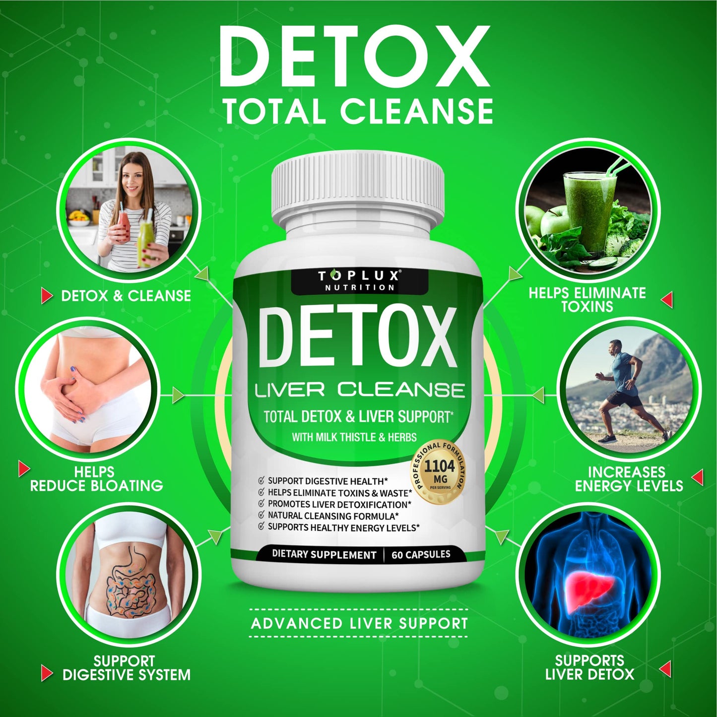 Detox Cleanse Liver Support & Repair Formula - Liver Cleanser Natural 5 Day Detox, Support Digestion System, Flush Toxins & Urinary Tract, Milk Thistle Extract 25+ Herbs, 60 Capsules, Toplux Nutrition
