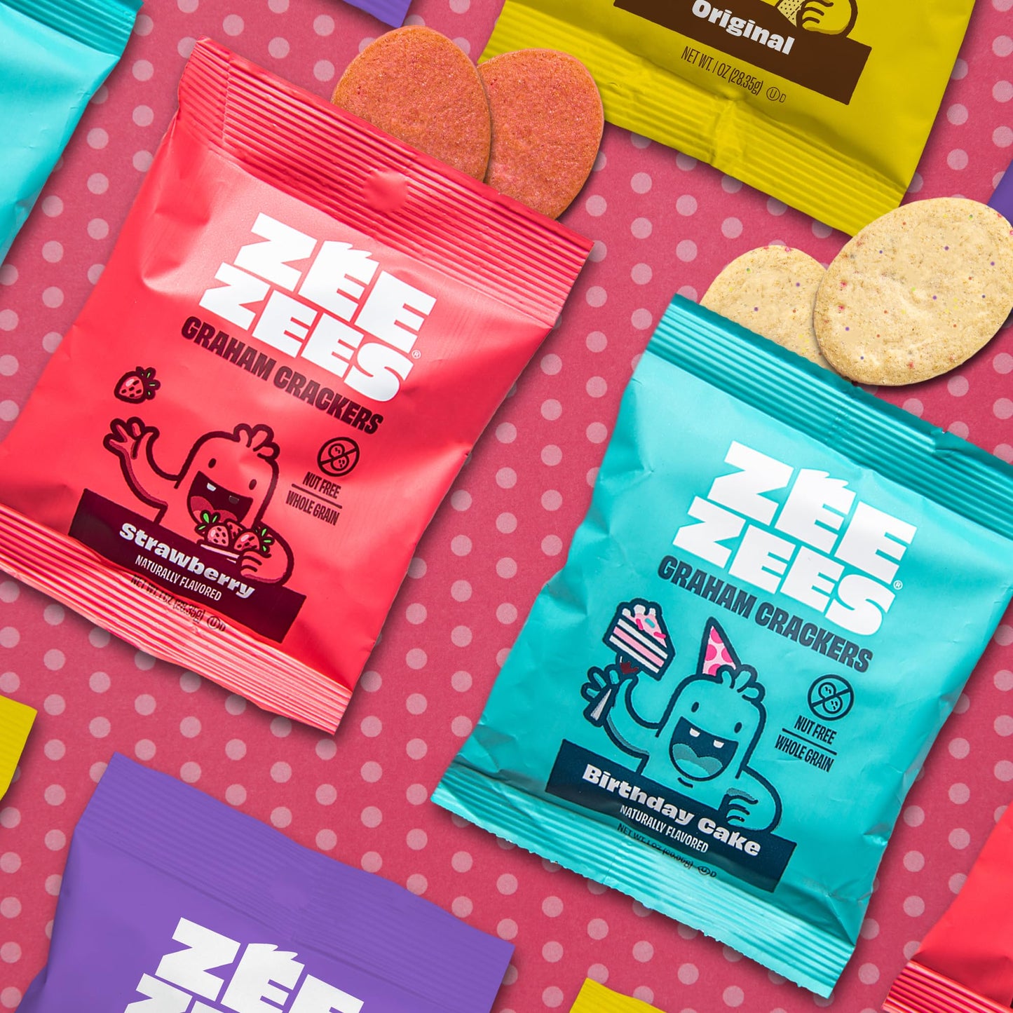 Zee Zees Variety Pack Grahamz Birthday Cake Strawberry Original 1 oz 24 pack Nut Free Whole Grain Vegan Safe for School OnTheGo Kosher Allergy Friendly