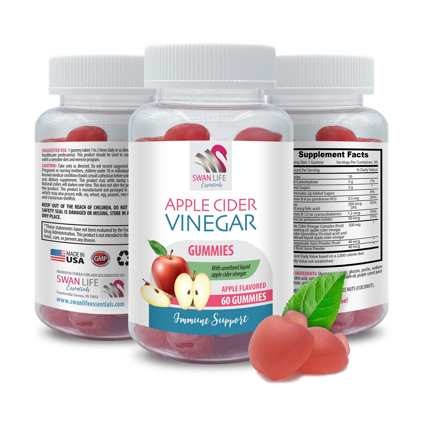 Natural Digestive Support - APPLE CIDER VINEGAR GUMMIES - healthy skin supplemen - energy booster, apple cider vinegar gummies with the mother, detox, vegan, gluten-free, non-GMO, 1 Bot, 60 Gummies