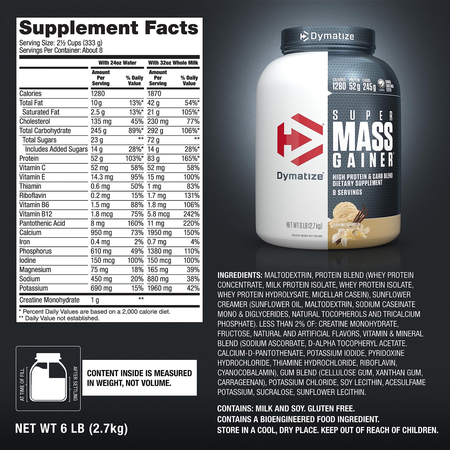 Dymatize Super Mass Gainer Protein Powder, Gourmet Vanilla, 52g Protein, 1g Creatine, 1280 Calories, 10.7g BCAAs, 245g Carbs, Contains Whey Protein Powder, Isolate, and Casein, Total 8 Servings