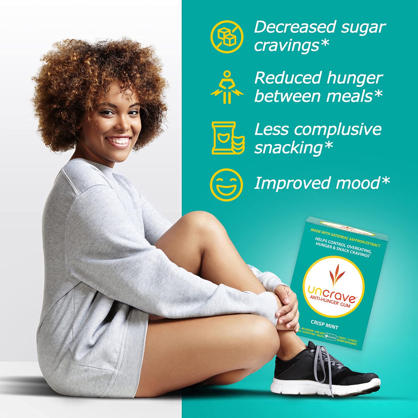 UnCrave Gum Infused with 100% Pure Saffron Extract - Control Cravings - Improve Mood - Vision Health - Crisp Mint (14 Pieces)