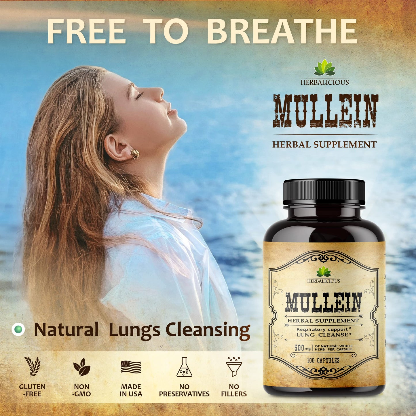 HERBALICIOUS Mullein Leaf Capsules - Verbascum Thapsus Supplement - Herbal Extract Promoting Lung Respiratory & Digestive Wellness - Lung Cleanse & Detox Support Pills - Vegan Non-GMO, 100 Capsules