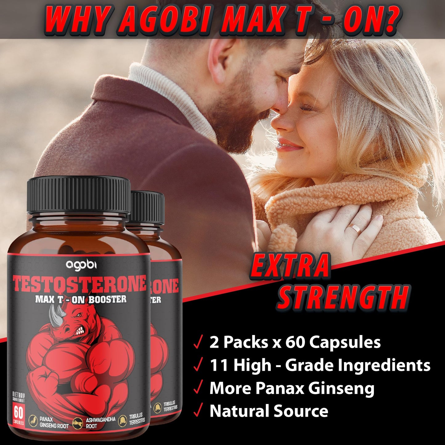 2 Packs 60 Capsules - Testosterone Booster for Men, Muscle Build, Energy & Endurance Support - 11 Herbs Combined with Ginseng, Ashwagandha, Tribulus & More