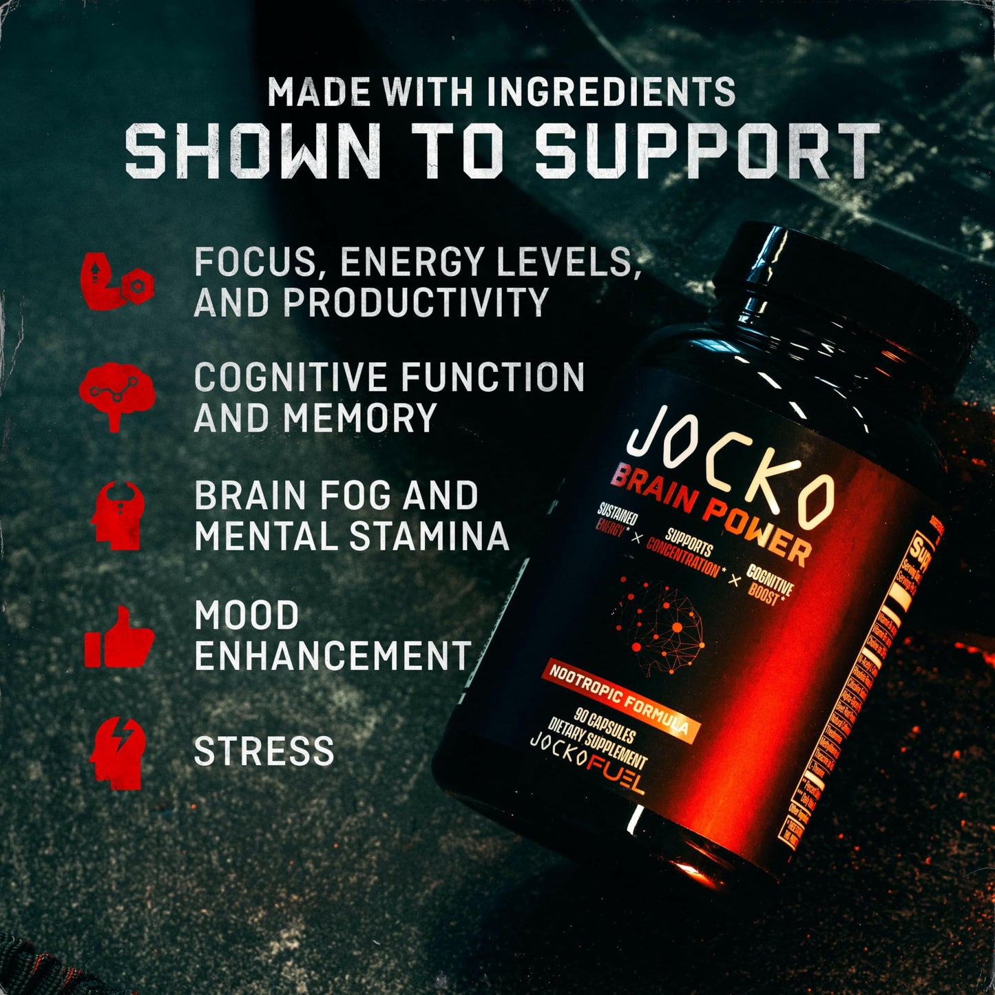 Jocko Fuel Brain Power - Nootropic Dietary Supplements for Memory & Focus - PreWorkout Energy & Focus Supplement (90 Capsules)