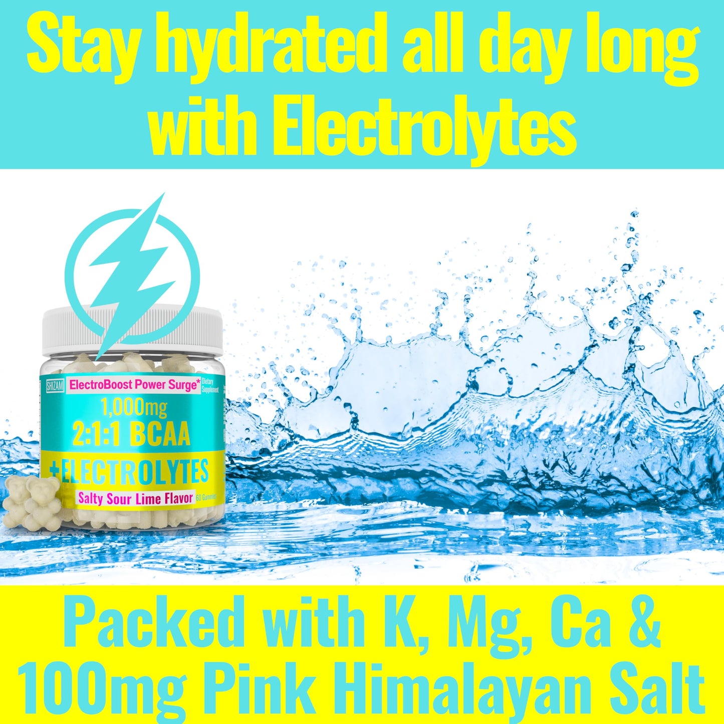 SHIZAM Electrolyte BCAA Gummies: Energy Chews w Electrolytes Branched Chain Amino Acids Potassium Sodium Salt for Runners, Perfect Cycle Support, Salts Mineral Drops Capsule Pills Tablets Supplement