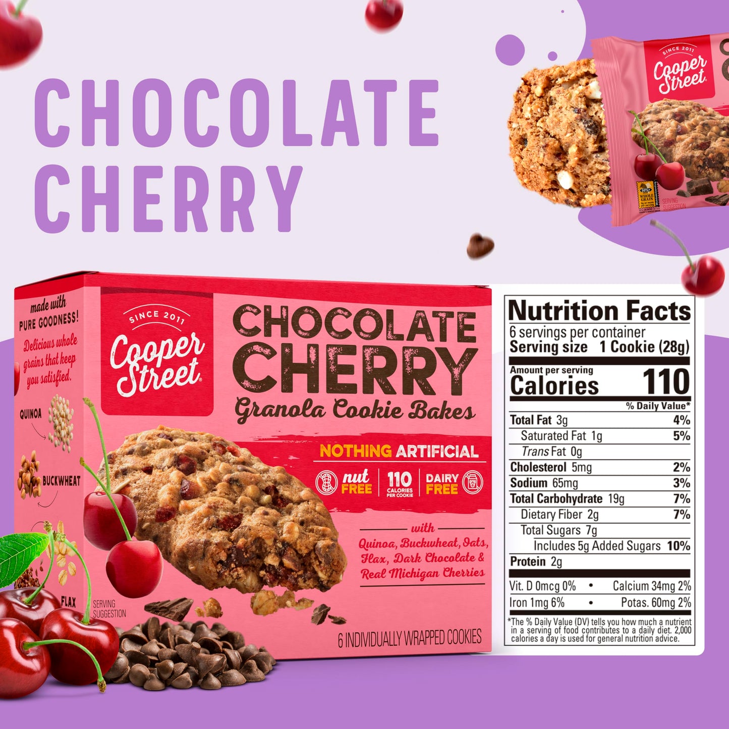 Cooper Street Granola Bakes Health Chewy Breakfast Granola Bars with Chia Flax Buckwheat and Oats in Delicious Chocolate Cherry Flavor Individually Wrapped Healthy Breakfast Bars 12 oz 1 Pack
