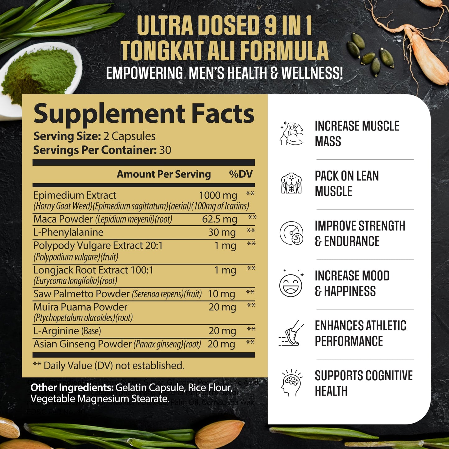 EPN Supplements | #1 Rated 9 in 1 Tongkat Ali + Horny Goat Weed | Fast Acting Blood Flow, Increase Stamina & Muscle Growth | Ultra Potent Formula for Men w/ Saw Palmetto, Maca Powder - 60 Capsules