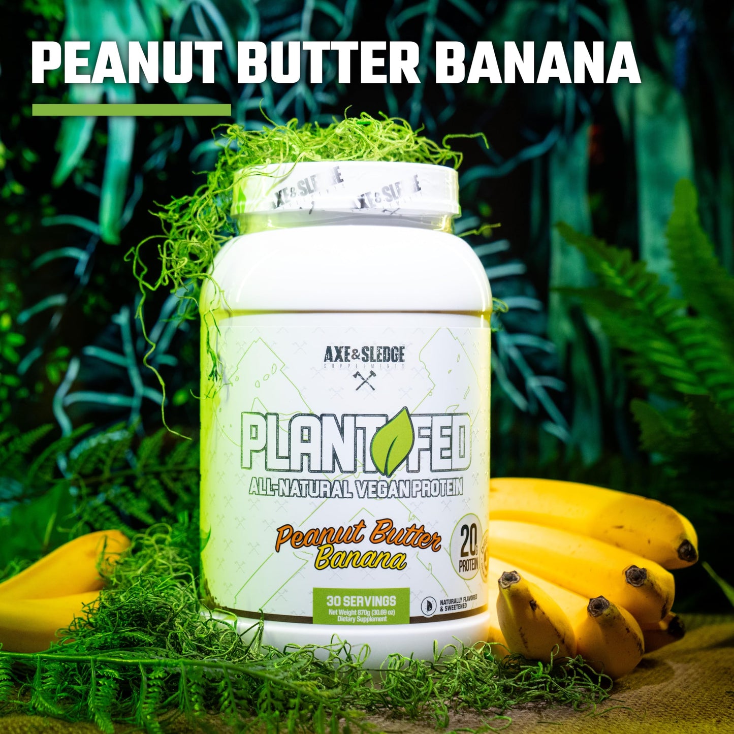 Axe & Sledge Plant Fed Vegan Protein Powder, Naturally Flavored and Sweetened, 20 Grams Protein, 30 Servings (30 Servings, Peanut Butter Banana)