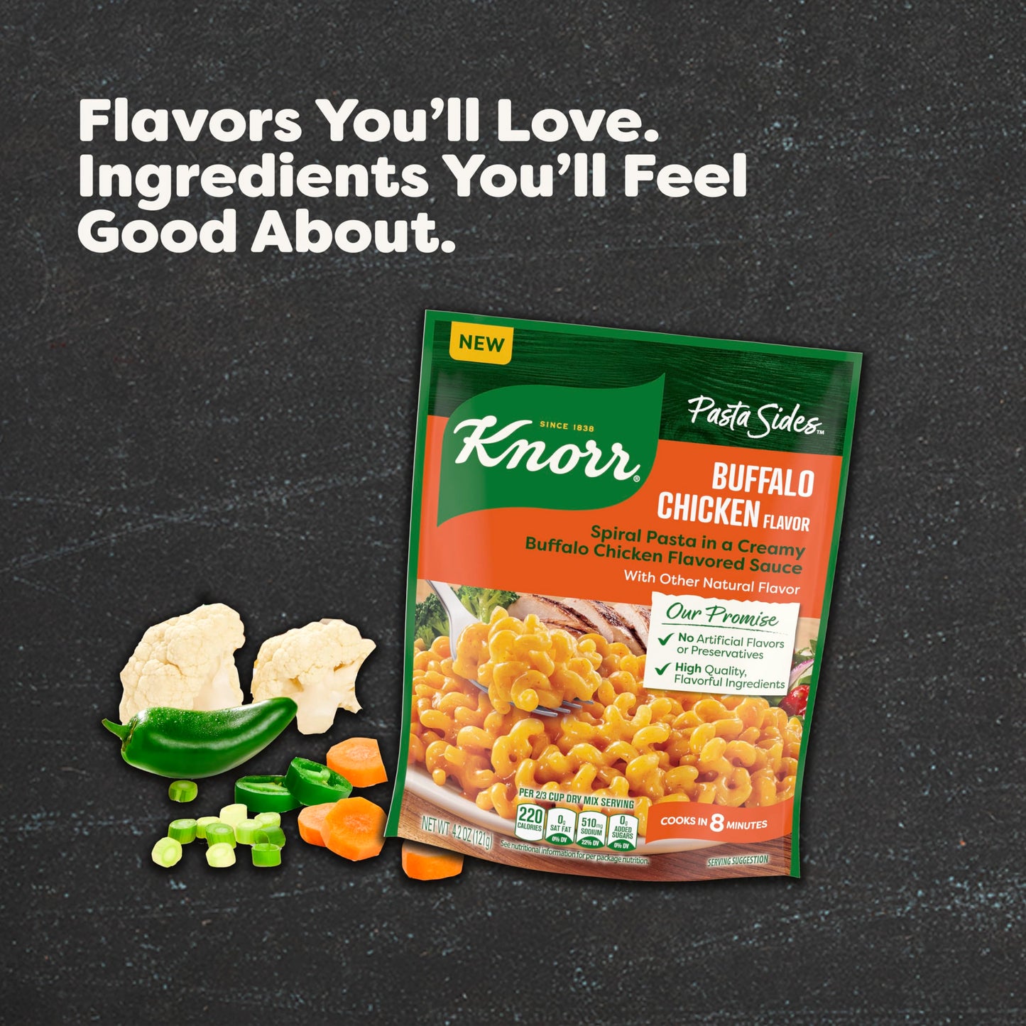 Knorr Pasta Sides Buffalo Chicken Flavor Pasta 8 count for a Delicious Quick Side Dish with No Artificial Flavors or Preservatives 42 oz