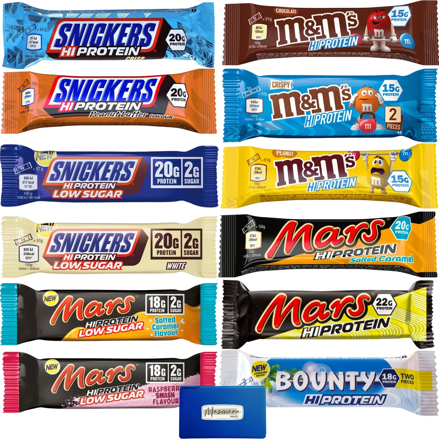 Snickers Mars MMs Hi Protein Bars Variety 12 Pack Bundled with Masonara Mints Snickers High Protein Bars and Others 1522g Protein per Bar 12 Bars 660g Total