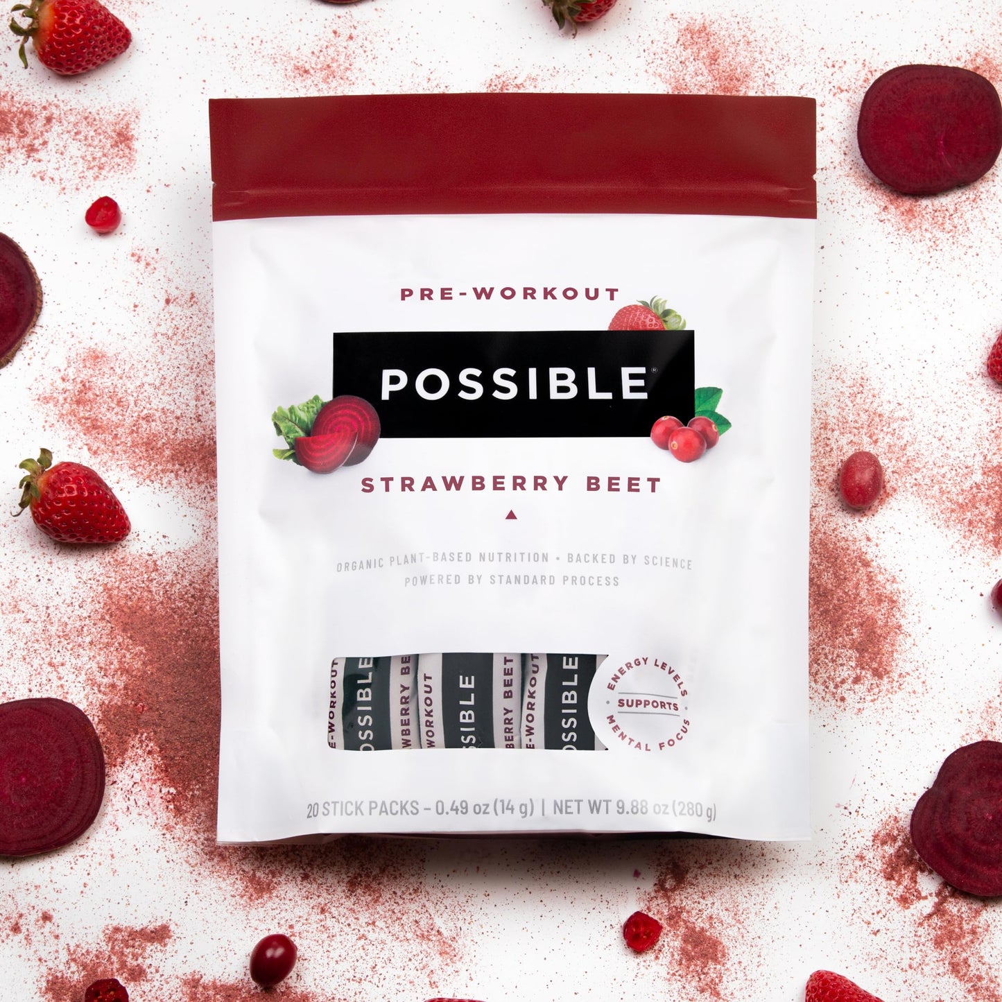Possible Beet Pre-Workout - Strawberry Beet Flavor - Individually Wrapped Servings - Contains B-Vitamins and Green Tea Caffeine Extract - Source of Nitrates - 1 Bag, 20 Stick Packs