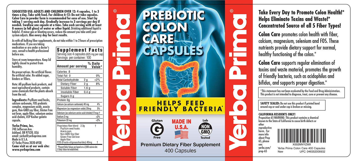 Yerba Prima Prebiotic Colon Care Capsules, 400 Caps - Five Forms of Fiber Plus FOS Pre-biotics - Dietary Health Supplement - Healthy Soluble & Insoluble Fibers for Regularity & Digestive Support