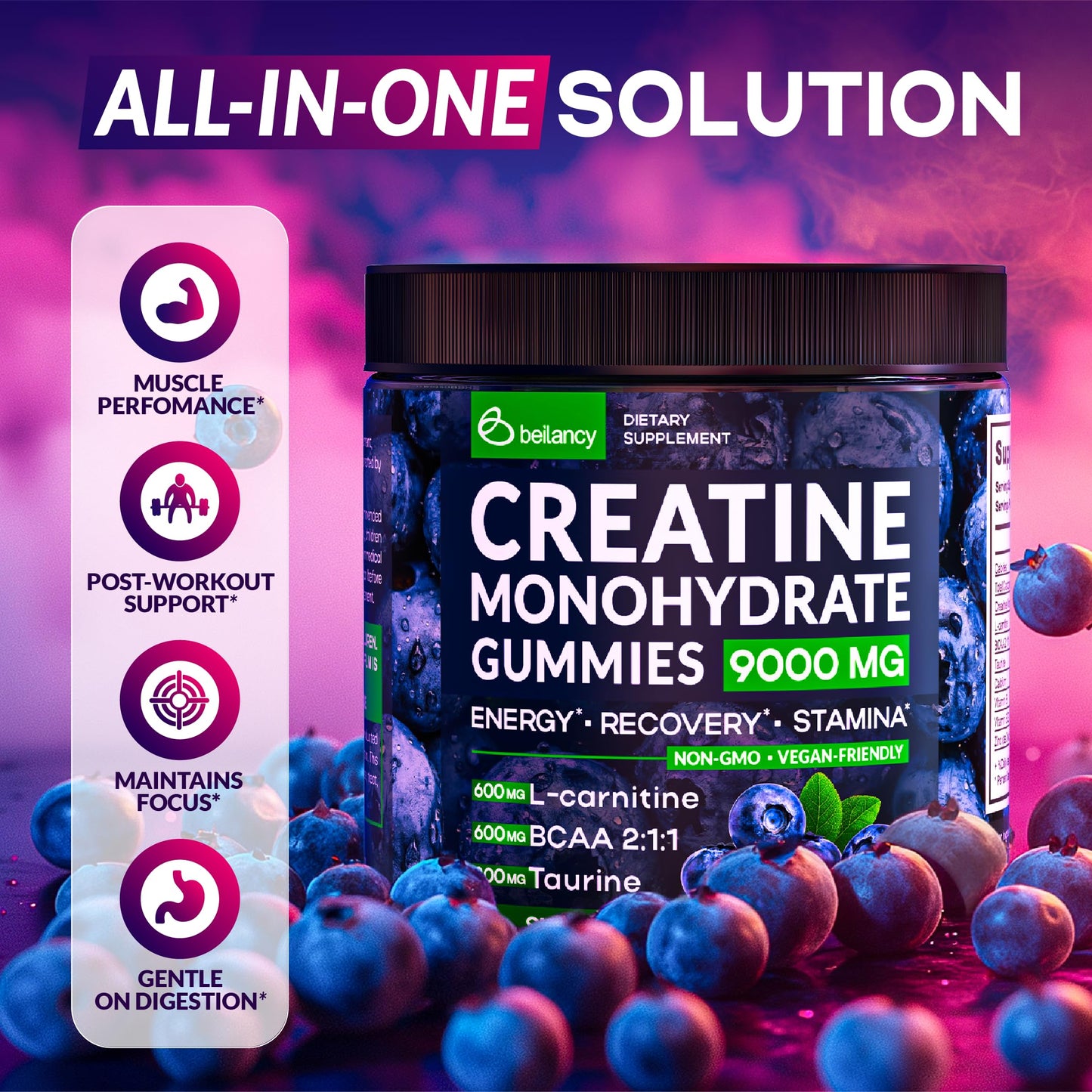 Creatine Monohydrate Gummies Complex 9000 MG for Men & Women, Easy-to-Take Creatine Monohydrate Supplement for Muscle Growth, Strength & Energy Support, Pre Workout Gummies 120 Count per Bottle