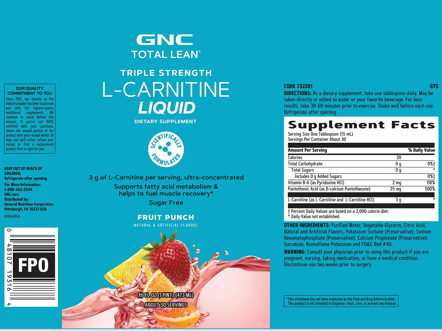 GNC Total Lean Triple Strength L-Carnitine Liquid | Supports Fatty Acid Metabolism and Helps to Fuel Muscle Recovery, Sugar Free | Fruit Punch | 16 fl.oz
