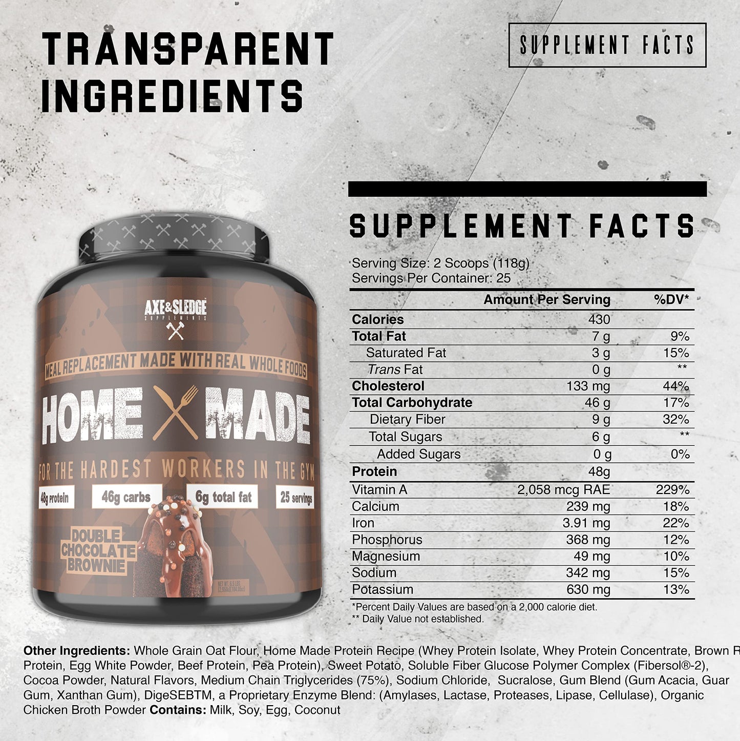 Axe & Sledge Supplements Home Made Whole-Foods-Based Meal Replacement Powder with Digestive Enzymes, Protein, Carbohydrates, and Fats, 25 Servings, Chocolate Brownie