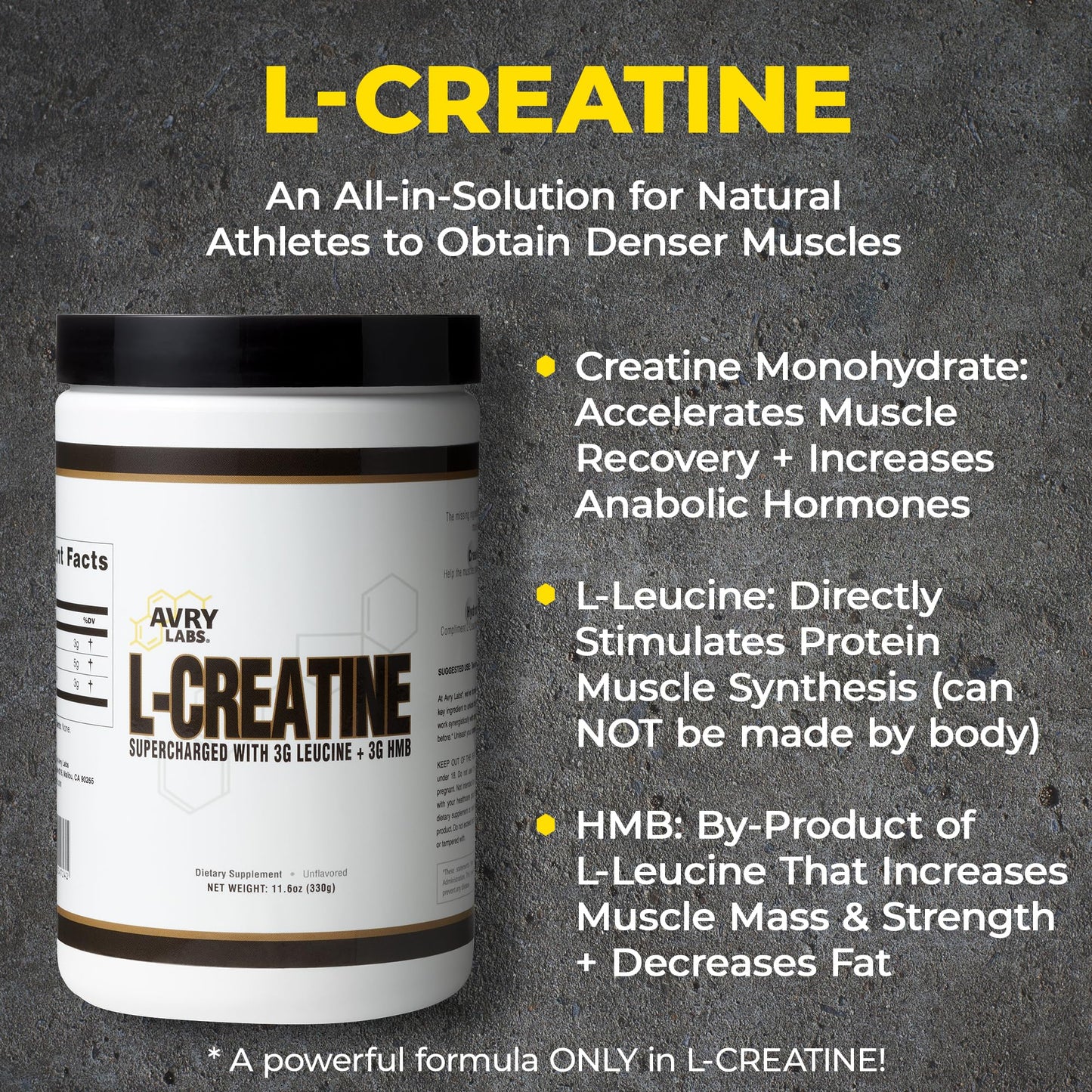 Avry Labs L-CREATINE Supplement: Creatine Monohydrate w/Leucine Amino Acid and HMB - Supports Muscle Mass, Strength, Recovery & Performance + Reduce Fat - Vegan, 11oz (330g) Powder