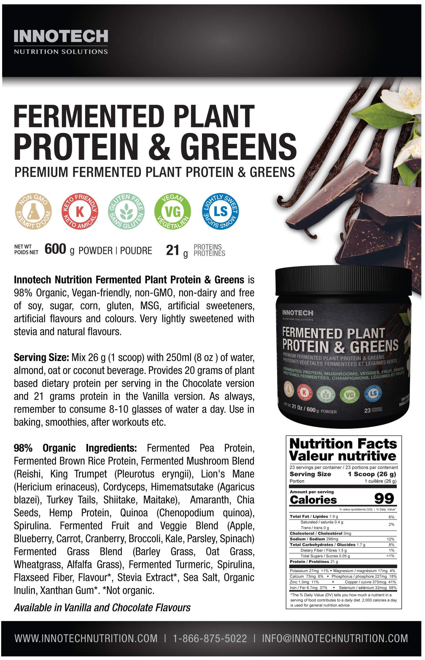 Innotech Nutrition Solutions Fermented Plant Protein & Greens Chocolate Lightly Sweetened - 600 g