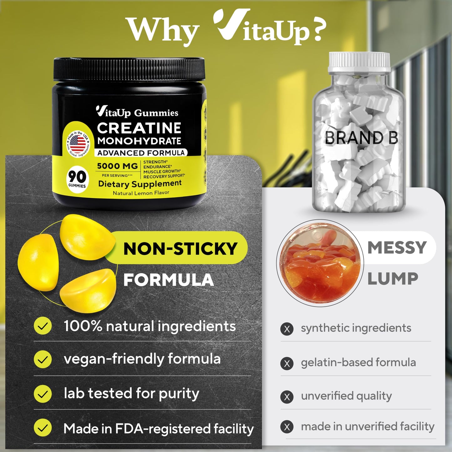 VitaUp Creatine Monohydrate Gummies for Men & Women - USA Made Monohydrate Creatine for Men 5g - Pre-Workout Gummies to Support Energy Levels, Training Endurance & Muscle Performance - 90 Count