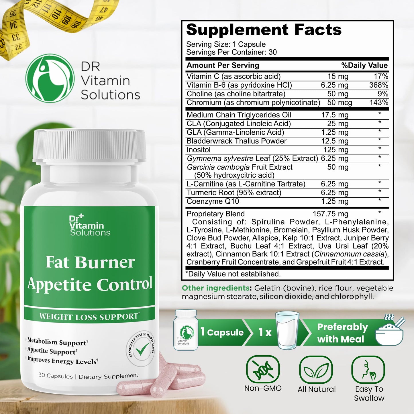 Dr. Vitamin Fat Burner & Appetite Control Weight Loss Supplements for Women & Men - Metabolism Booster w/ L-Carnitine, CLA, Chromium - Appetite Suppressant for Weight Loss - 30 Belly Fat Diet Pills