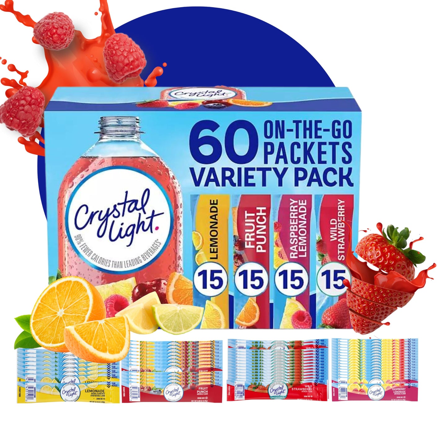Crystal Light Packets Variety Pack 60 Flavored Drink Mix Packets Fruit Punch Raspberry Lemonade and Wild Strawberry Packets SugarFree Powdered Drink Mix with Drinkolin Straws Fits 169 oz Bottles