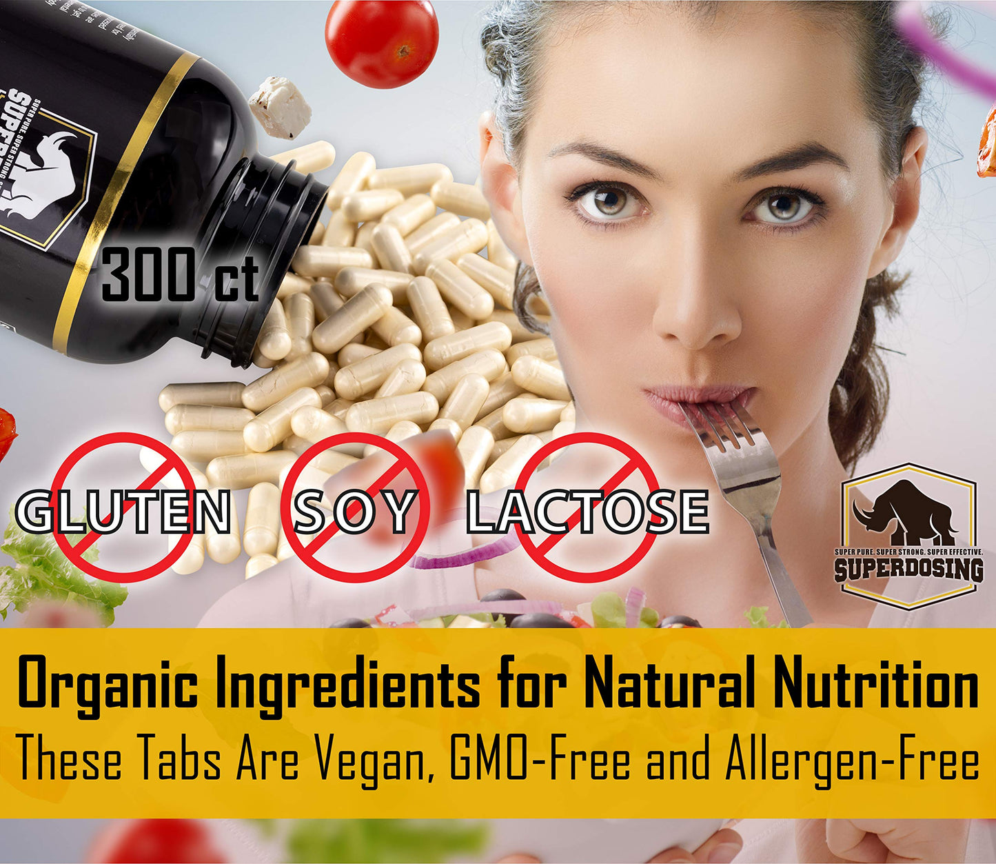 SuperDosing.com Fast Acting, Organic Acacia Senegal Fiber Capsules 300pk. Natural Soluble Fiber Supplement Pill. Vegan Prebiotic Capsules.