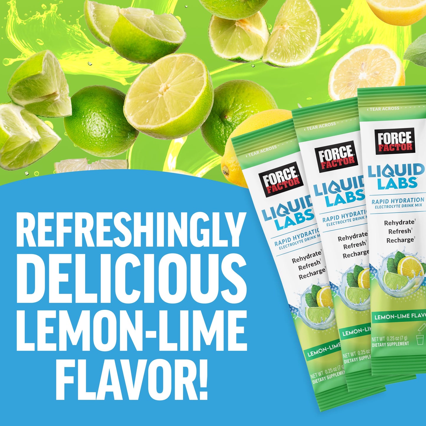 FORCE FACTOR Liquid Labs Electrolytes Powder Packets-Lemon Lime-Hydration Packets to Make Electrolyte Water with 5 Essential Electrolytes, Vitamins, Minerals, and Antioxidants, 20 Stick Packs