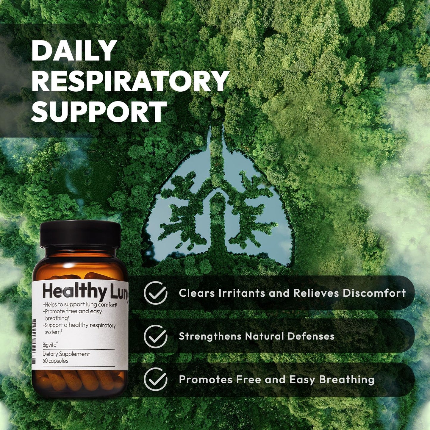 BIGVITA Lung Health Vegan Gluten Free Dietary Lung Support Supplement for Lung Detox & Cleanse, Respiratory Immune Support & Clear Mucus & Relieve Cough, 60 Capsules