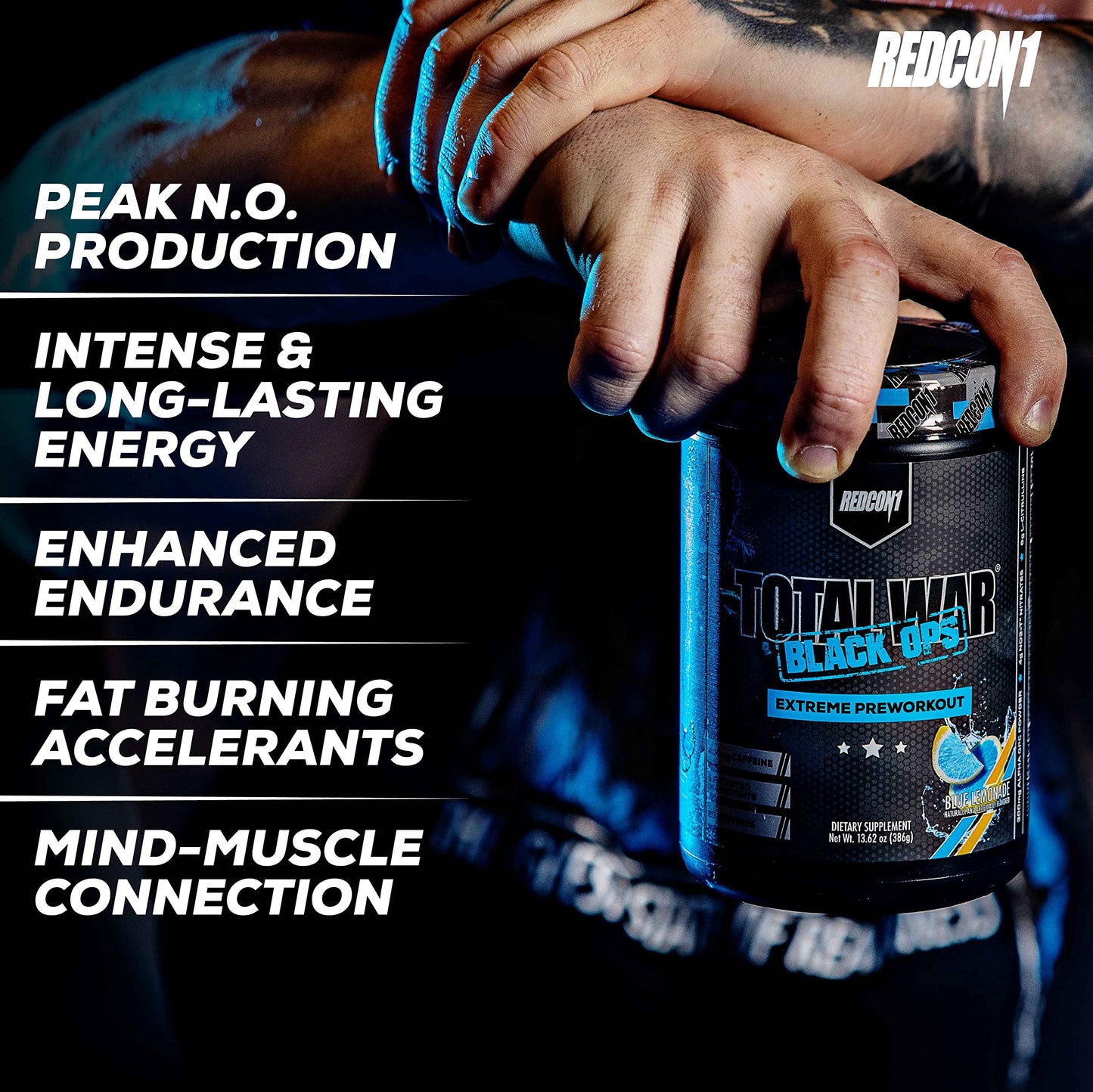REDCON1 Total War Black Ops Extreme Preworkout Powder, Blue Lemonade, High Stimulant, 400 mg Caffeine, NO3-T Nitrates + L-Citrulline, Increase Blood Flow, Muscle Pumps (20 Servings)