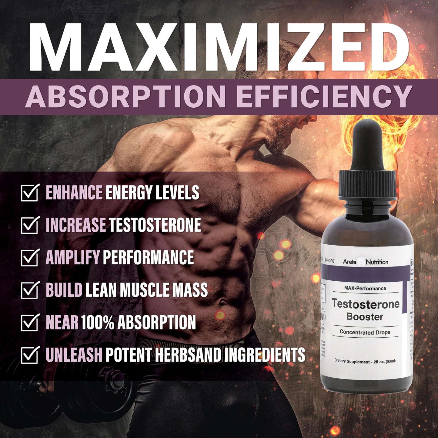 Arete Nutrition Testosterone Booster - Supplement Men and Women with Tribulus Terrestris and Tongkat Ali for Enhancing, Muscle Recovery & Energy - 2oz Liquid Bottle