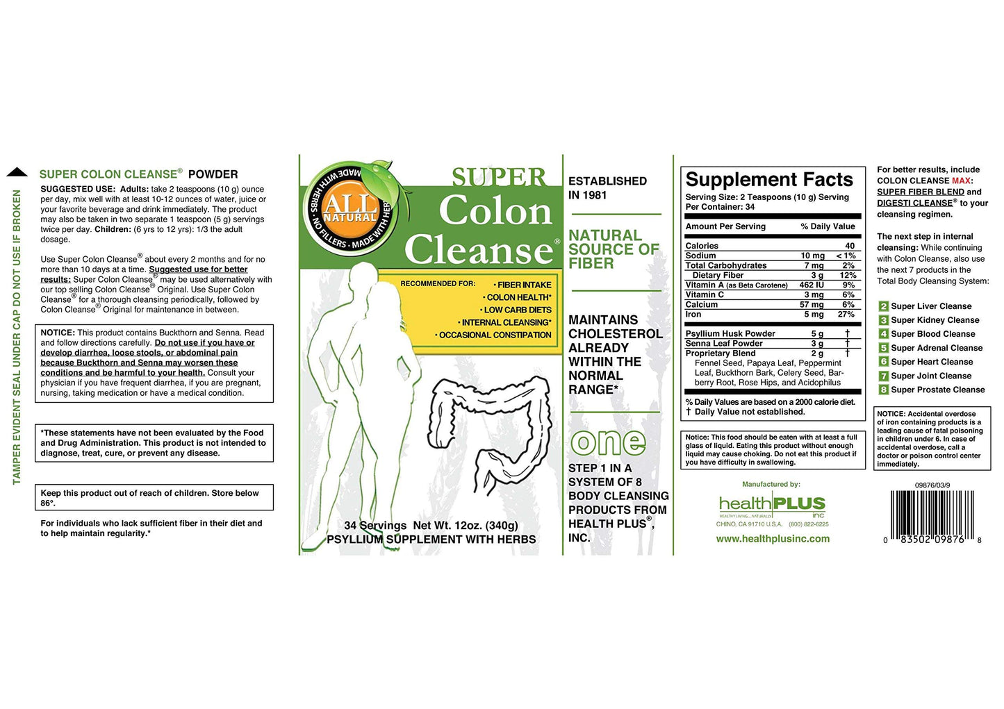 Health Plus Super Colon Cleanse - 10-Day Cleanse - Detox, Gluten Free, Dairy Free, Natural Herbal Ingredients (More than 1 Cleanse, 12 Ounces)