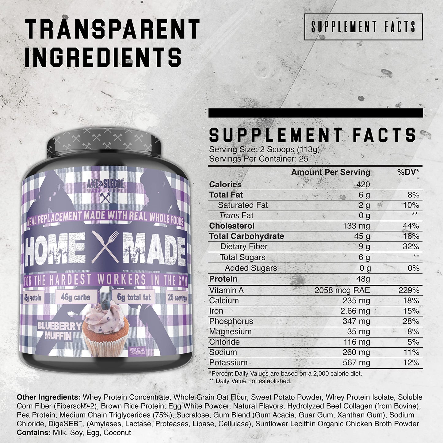 Axe & Sledge Supplements Home Made Whole-Foods-Based Meal Replacement Powder with Digestive Enzymes, Protein, Carbohydrates, and Fats, 25 Servings, Blueberry Muffin